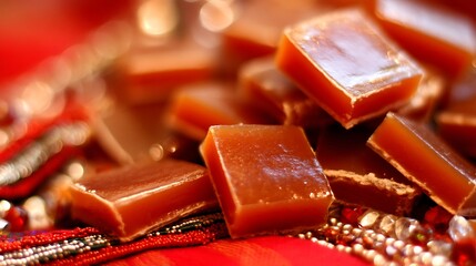 Rich Milk Caramel Candies on Colorful Beaded Surface for Confectionery and Holiday Treats