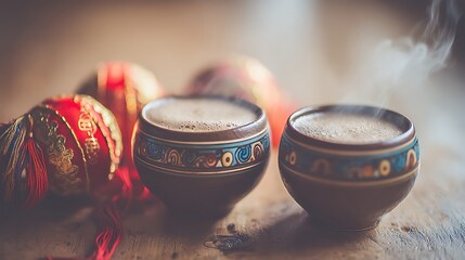 Steaming Traditional Ceramic Bowls with Red Decorative Spheres on Wooden Surface