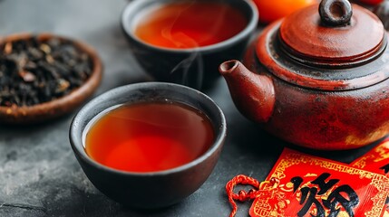 Traditional Red Clay Teapot and Tea Cups with Chinese Decorations on Dark Surface