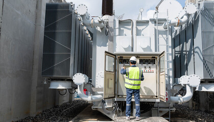 Professional engineer inspecting control panel and monitoring gauges of power transformer at high voltage substation to ensure industrial energy infrastructure and grid safety.