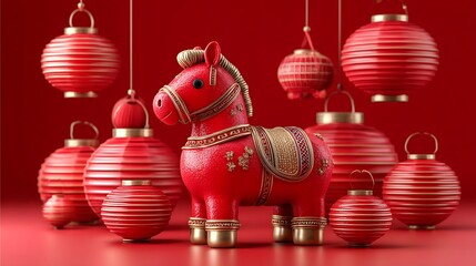 Decorative Red Horse Figurine with Hanging Red Lanterns for Chinese New Year Celebration