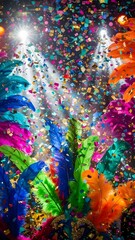 Vibrant carnival feathers and confetti explode in a dazzling celebration of color and light