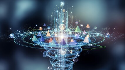 Abstract management concept visualization with futuristic elements and data streams in a digital environment from a top-down viewpoint