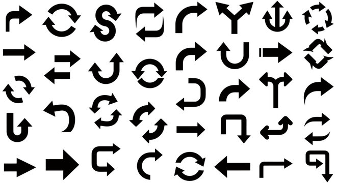 Collection of various black arrow icons showing different directions and turns on a white background.