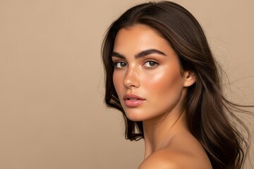 Stunning woman with long brown hair and bare shoulders