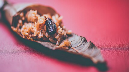 Close Up of Edible Rice and Bean Filling in Leaf on Pink Background