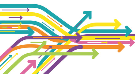 Colorful overlapping arrows moving in different directions on a white background.