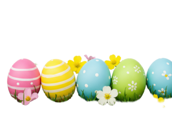 Vibrant pink, yellow, blue, green, white Easter eggs with patterns, delicate spring wildflowers, nestled in emerald grass, macro, shallow depth, transparent background. Joyful spring concept