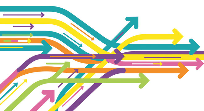 Colorful overlapping arrows moving in different directions on a white background.