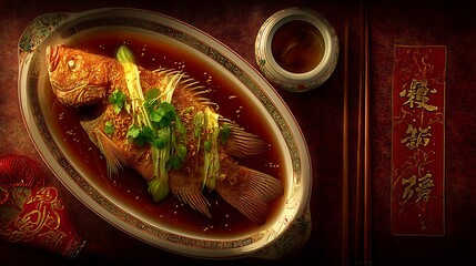 Traditional Chinese Fish Dish with Sauce and Tea in Elegant Setting