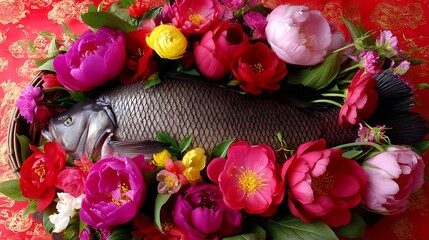 Fresh Fish Lying Among Bright Pink Red and White Peony Flowers on Red Decorative Fabric