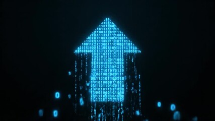 Blue binary arrow pointing upward composed of glowing ones and zeros over dark background digital data stream binary code path of glowing blue digits conveying data flow and digital technology - Powered by Adobe