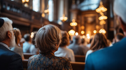Defocused religious leaders conducting worship in historic synagogue, blurred ceremonial service, Jerusalem setting, faith community gathering, traditional religious architecture, 