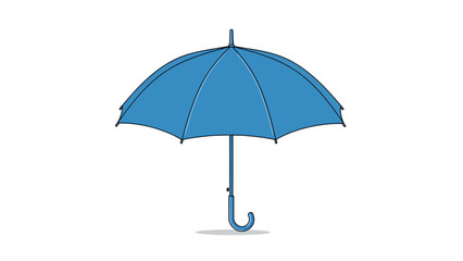 Blue open umbrella with a curved handle standing on a white background