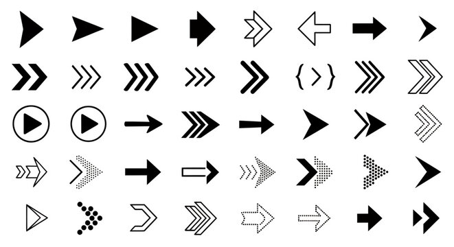Collection of various black and white arrow icons in different styles and directions.