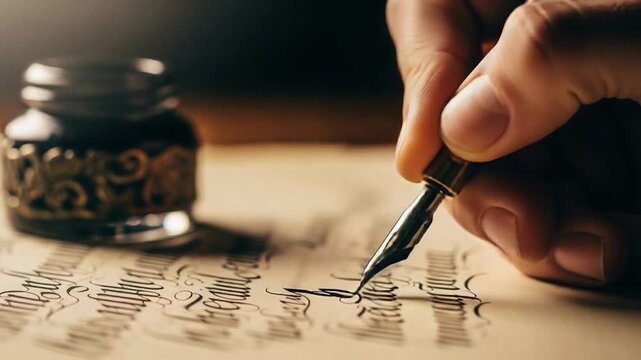 Close-up of a hand writing with a fountain pen on paper.