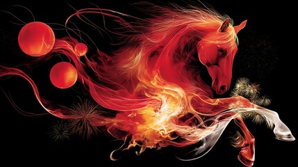 Dynamic Red Horse with Fire and Lanterns on Black Background for Artistic and Fantasy Themes