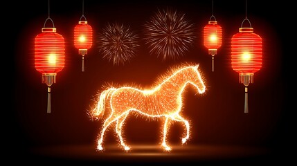 Bright Neon Horse Lanterns and Red Paper Lanterns for Lunar New Year Celebration