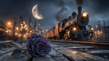 Moody cinematic scene of a dewy blue rose on old wooden planks as a steam train passes under a bright moon, ideal for themes of farewell, nostalgia, and dramatic romance.