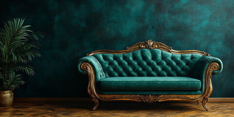 Green Gold Velvet Sofa in royal style in the dark room.  Luxury Couch on a dark green background.