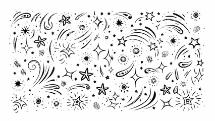 Whimsical black and white doodle pattern featuring stars swirls and celestial shapes