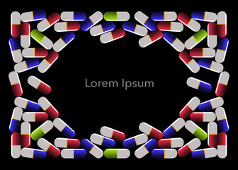 Medicine capsules in a group form a frame for copy or art in a 3-d illustration.
