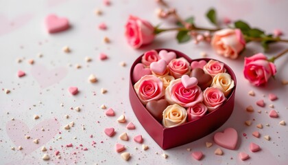 pastel rose chocolate box mockup, clean layout, romantic valentine mood