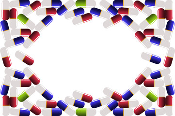 Medicine capsules in a group form a frame for copy or art in a 3-d illustration.