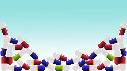 Medication capsules are seen in a group that forms a frame for copy or art.