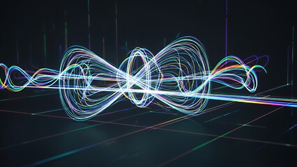 A futuristic hologram swirls with vibrant colors in a dark room