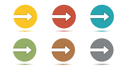 Set of six colorful circular icons with right-pointing arrows and drop shadows.