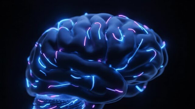 Neon lit human brain 3d model with glowing blue and pink neural pathway network illustration medical neuroscience showing cortex neuron synapse futuristic neural network digital art glowing brain