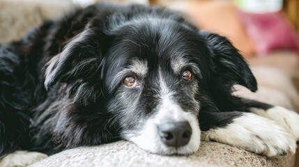Senior Pet Resting on a Soft Surface in Warm Light, Showing Signs of Longevity in Everyday Life and Inviting Love and Care From Others
