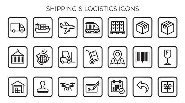 A collection of shipping and logistics icons on a white background