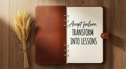 Close-up view of a brown leather-bound notebook open to a page with a motivational quote about transforming failure into lessons, laid on a wooden surface.