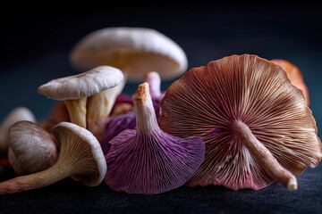 A variety of mushrooms are arranged closely, showcasing their unique textures, shapes, and earthy colors. Some display prominent gills, with hues ranging from deep purples to light creams