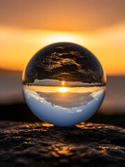 A Crystal Ball Reflecting a Sunset Over the Ocean reflection