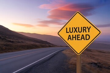 A luxury ahead sign on a road at sunset, indicating a prosperous journey