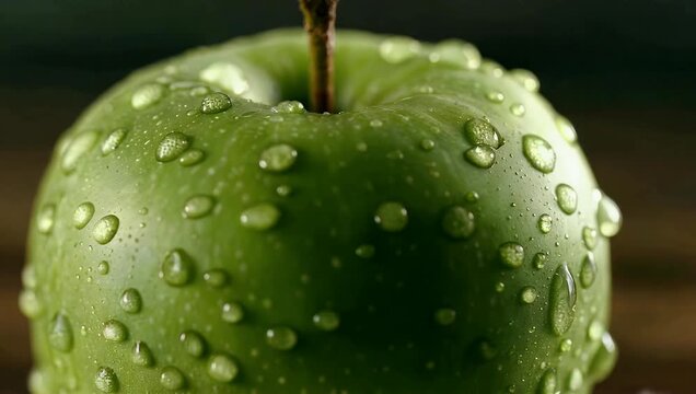 Ultra HD 4K conceptual animation of green apple with water droplets appearing disappearing seamless loop designed with vintage film effects creative product beverage 