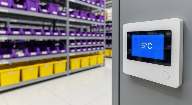 Digital Temperature Display Unit Monitoring Cold Storage Warehouse Environment - Powered by Adobe