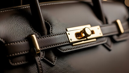 Close-up of luxurious black leather handbag with gold hardware details