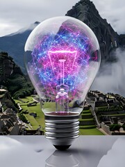 A glowing light bulb with pink and blue network lines in front of Machu Picchu