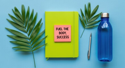 Lime green notebook with motivational 'Fuel the Body, Success' sticky note and pen on a blue textured background