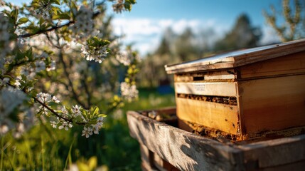 Naklejka premium Beekeeping in Early Spring at an Apiary With Blossoms and Green Tones During the Season of Renewal and Growth