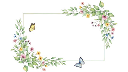 Naklejka premium Watercolor floral wreath frame with butterflies isolated on transparent background