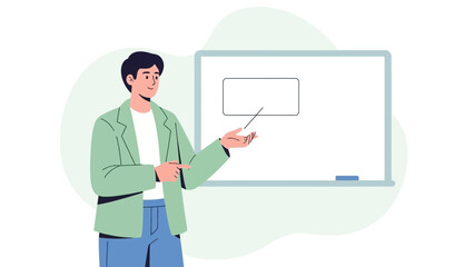 Man pointing at whiteboard with rectangle, presenting ideas, teaching concept