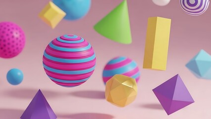 Various 3D Geometric Shapes Floating on Pink Background
