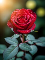 A vibrant red rose with dew drops in a garden setting flower