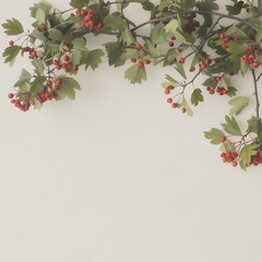 A branch with red berries and green leaves against a plain white background