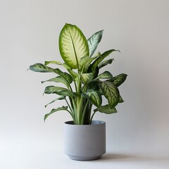 A lush green potted plant with variegated leaves, isolated on a white background